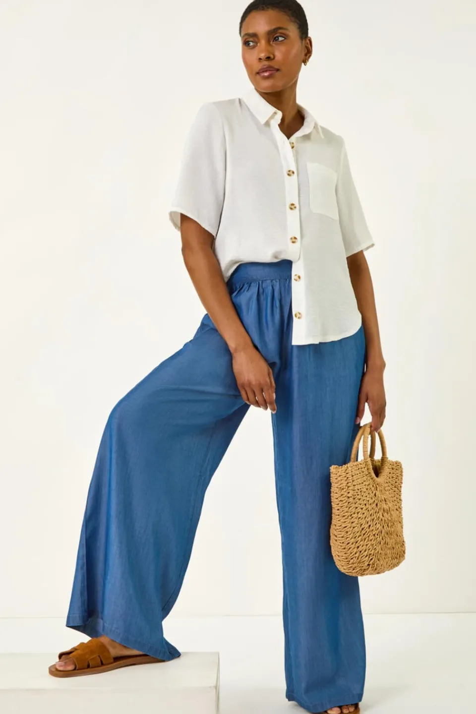 Trousers>Roman Denim Pleated Full Length Wide Leg Trouser