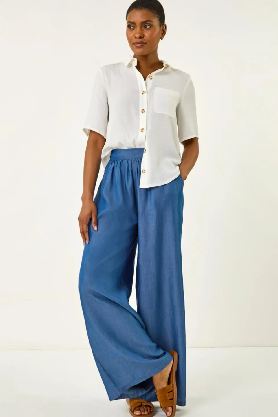 Trousers>Roman Denim Pleated Full Length Wide Leg Trouser