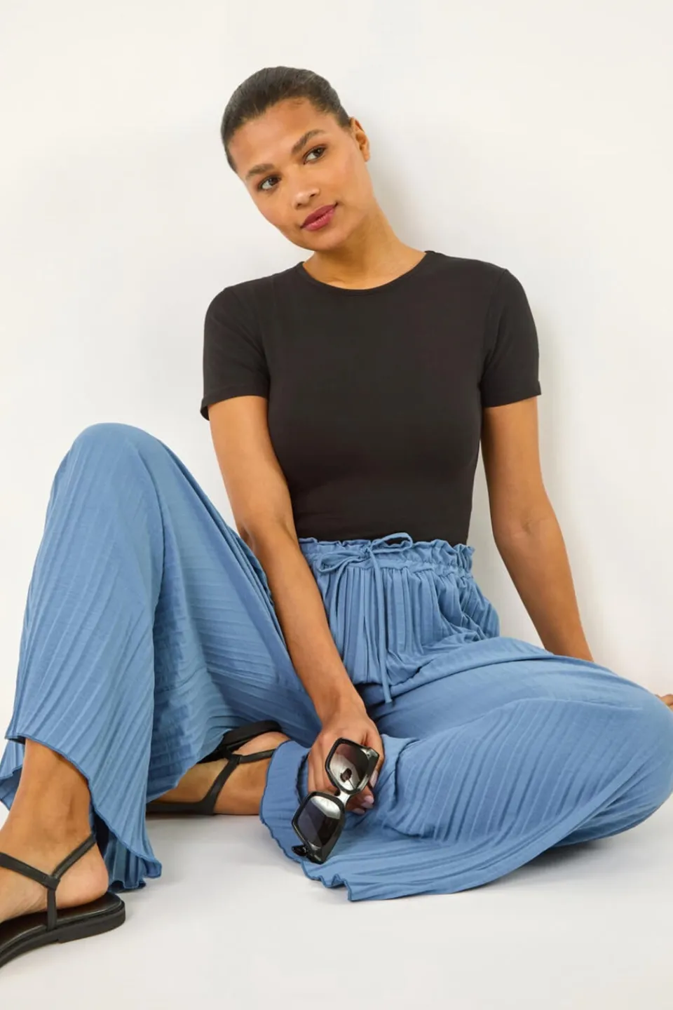 Trousers>Roman Pleated Wide Leg Stretch Culottes Denim