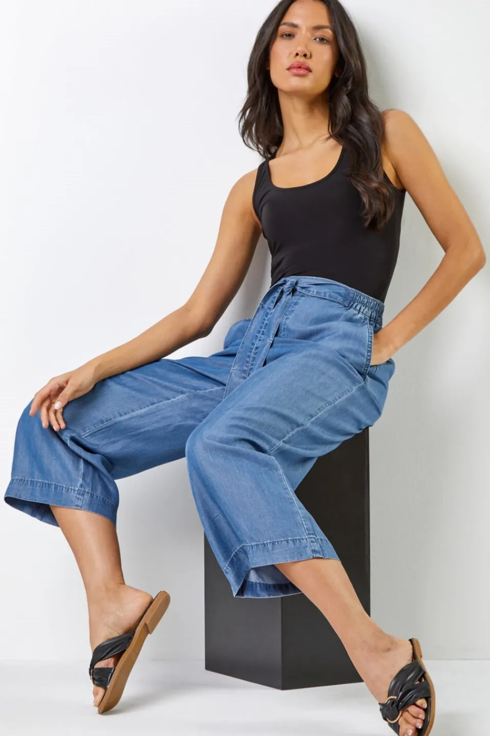 Trousers>Roman Denim Waist Tie Detail Culottes