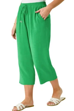 Trousers>Roman Petite Linen Mix Wide Cropped Trousers Emerald