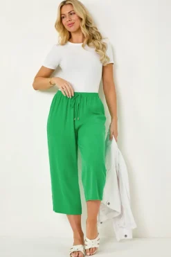 Trousers>Roman Petite Linen Mix Wide Cropped Trousers Emerald