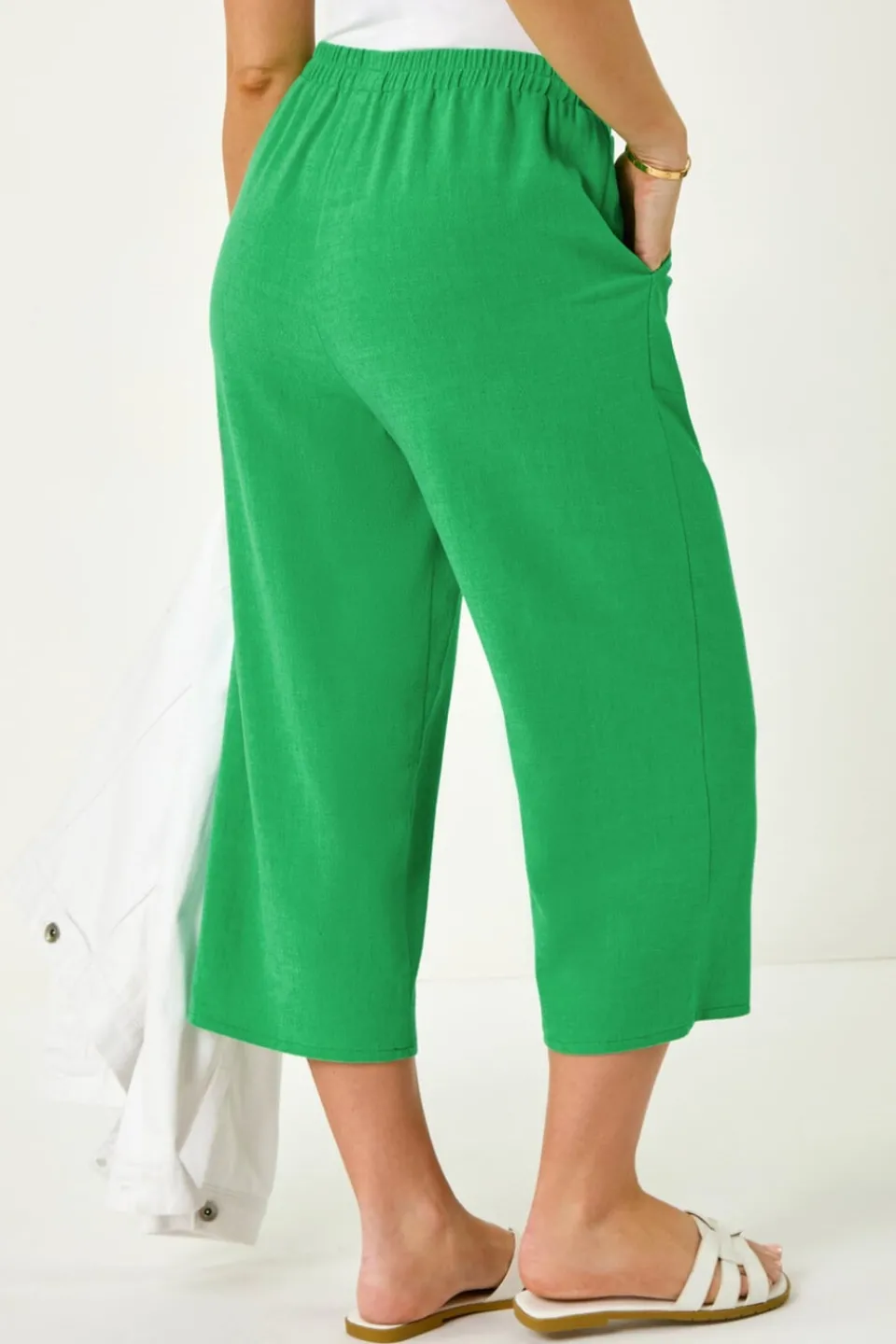 Trousers>Roman Petite Linen Mix Wide Cropped Trousers Emerald