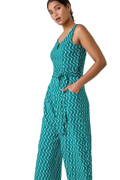 Jumpsuits & Playsuits>Roman Wave Print Cropped Jumpsuit Forest