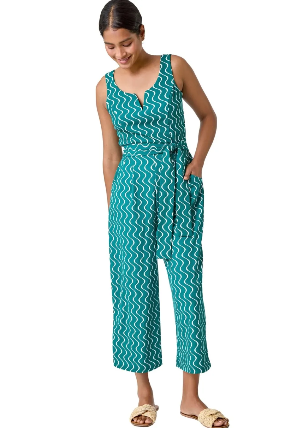 Jumpsuits & Playsuits>Roman Wave Print Cropped Jumpsuit Forest