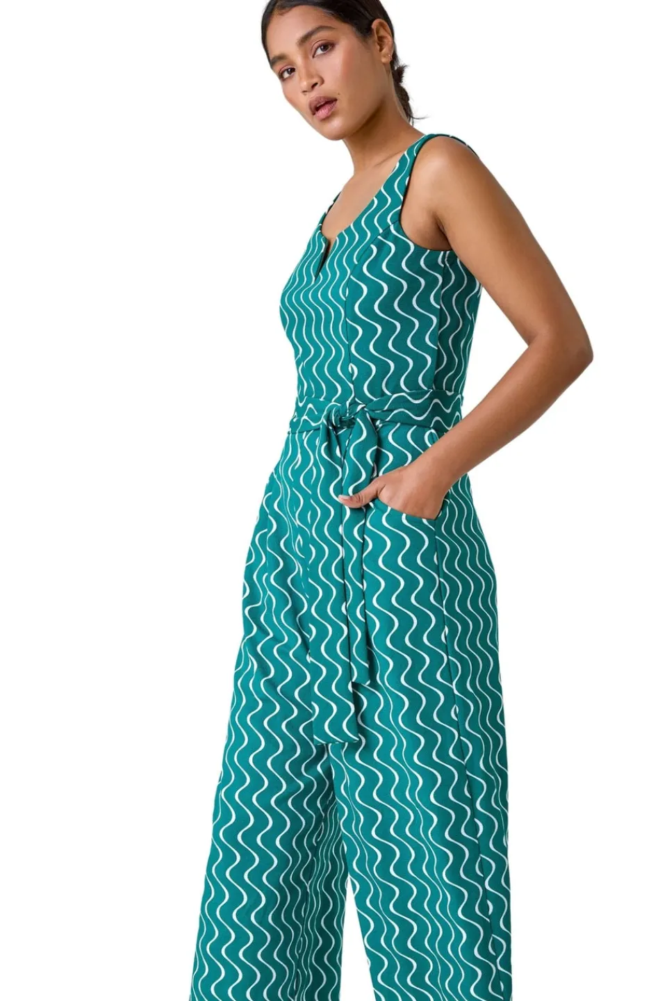Jumpsuits & Playsuits>Roman Wave Print Cropped Jumpsuit Forest