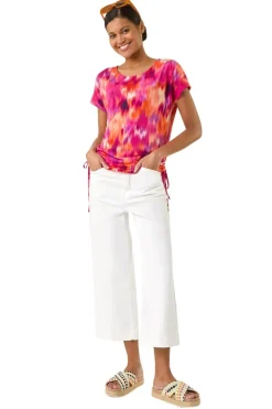T-Shirts>Roman Fuchsia Abstract Print Side Tie Detail Top