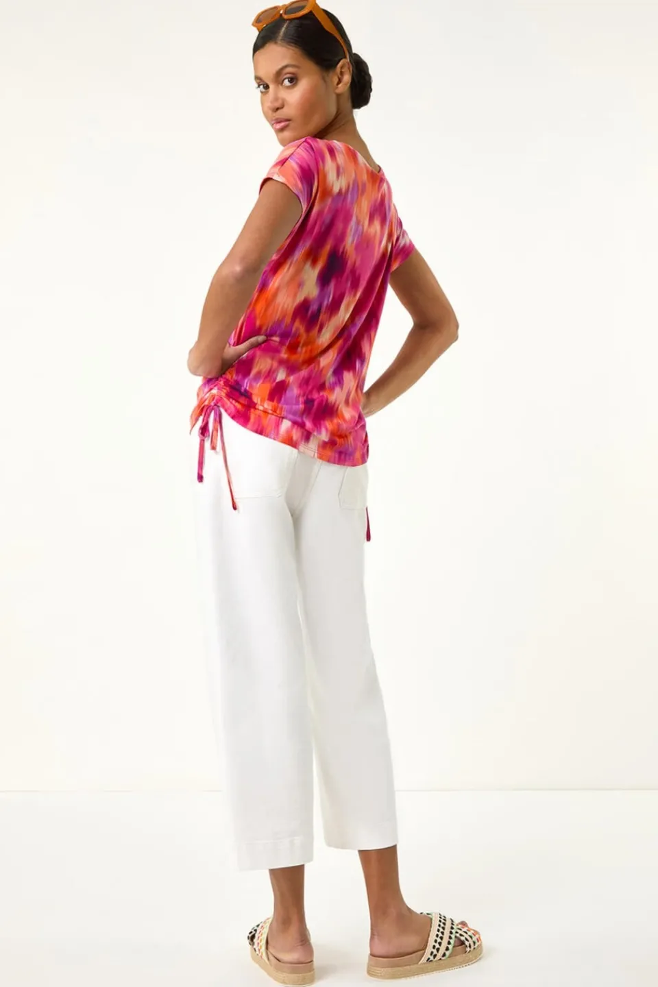 T-Shirts>Roman Fuchsia Abstract Print Side Tie Detail Top