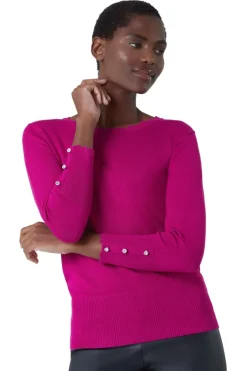 Tops>Roman Diamante Button Scallop Edge Jumper Fuchsia