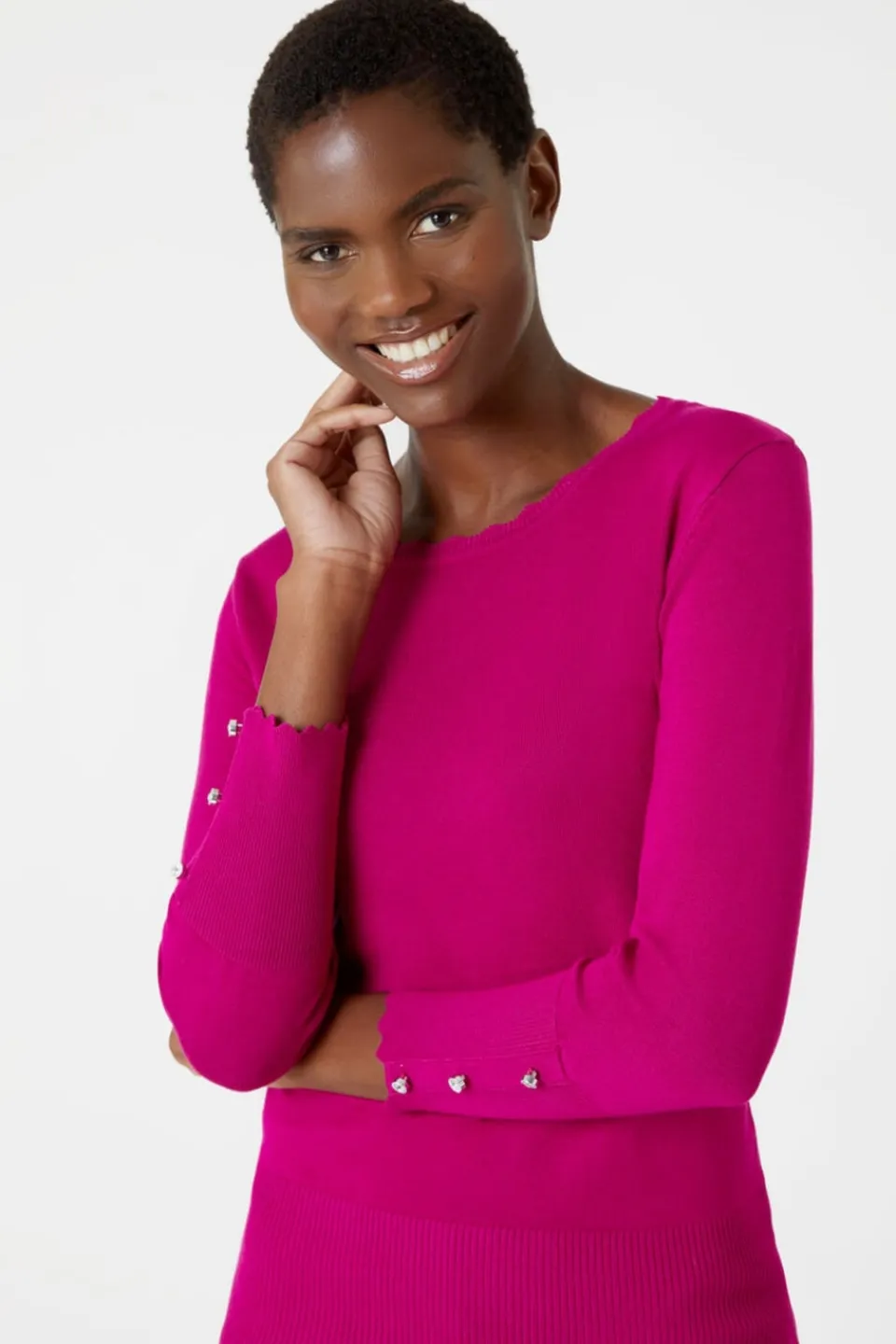 Tops>Roman Diamante Button Scallop Edge Jumper Fuchsia