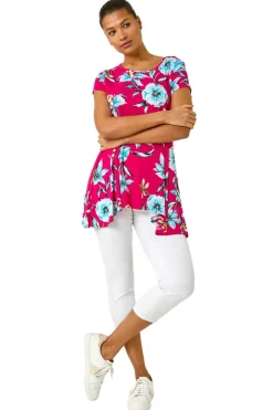 Tops>Roman Fuchsia Floral Print Hanky Hem Stretch Tunic Top