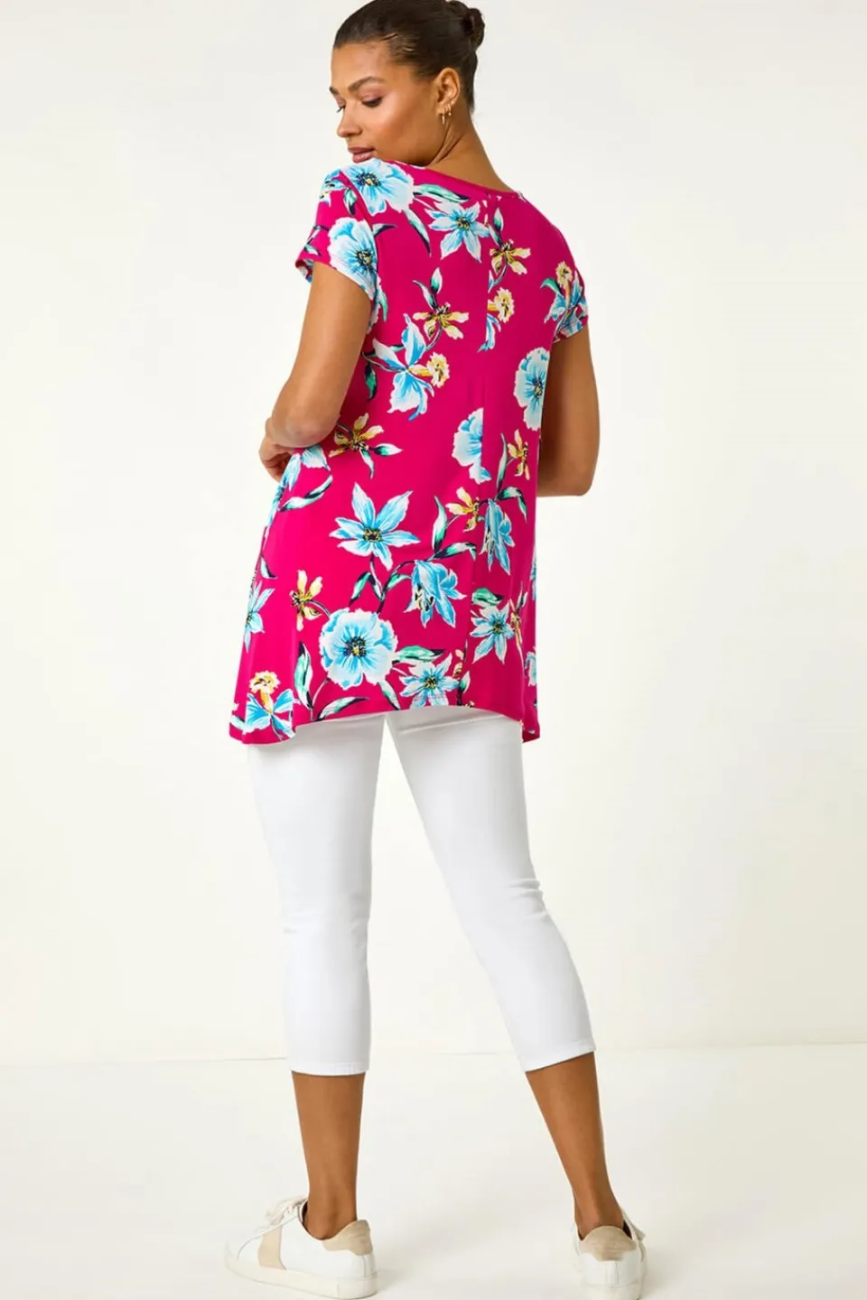 Tops>Roman Fuchsia Floral Print Hanky Hem Stretch Tunic Top
