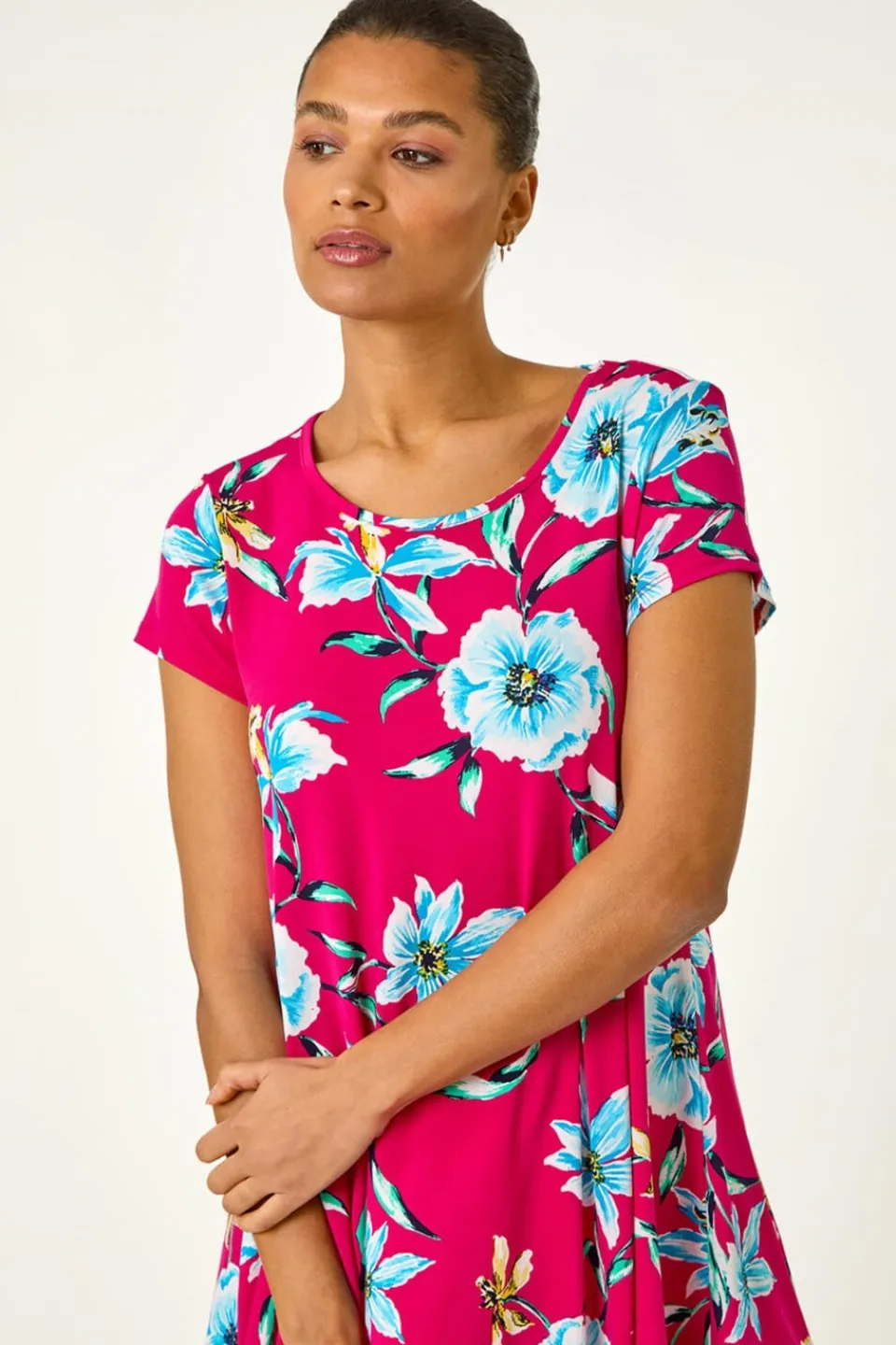 Tops>Roman Fuchsia Floral Print Hanky Hem Stretch Tunic Top
