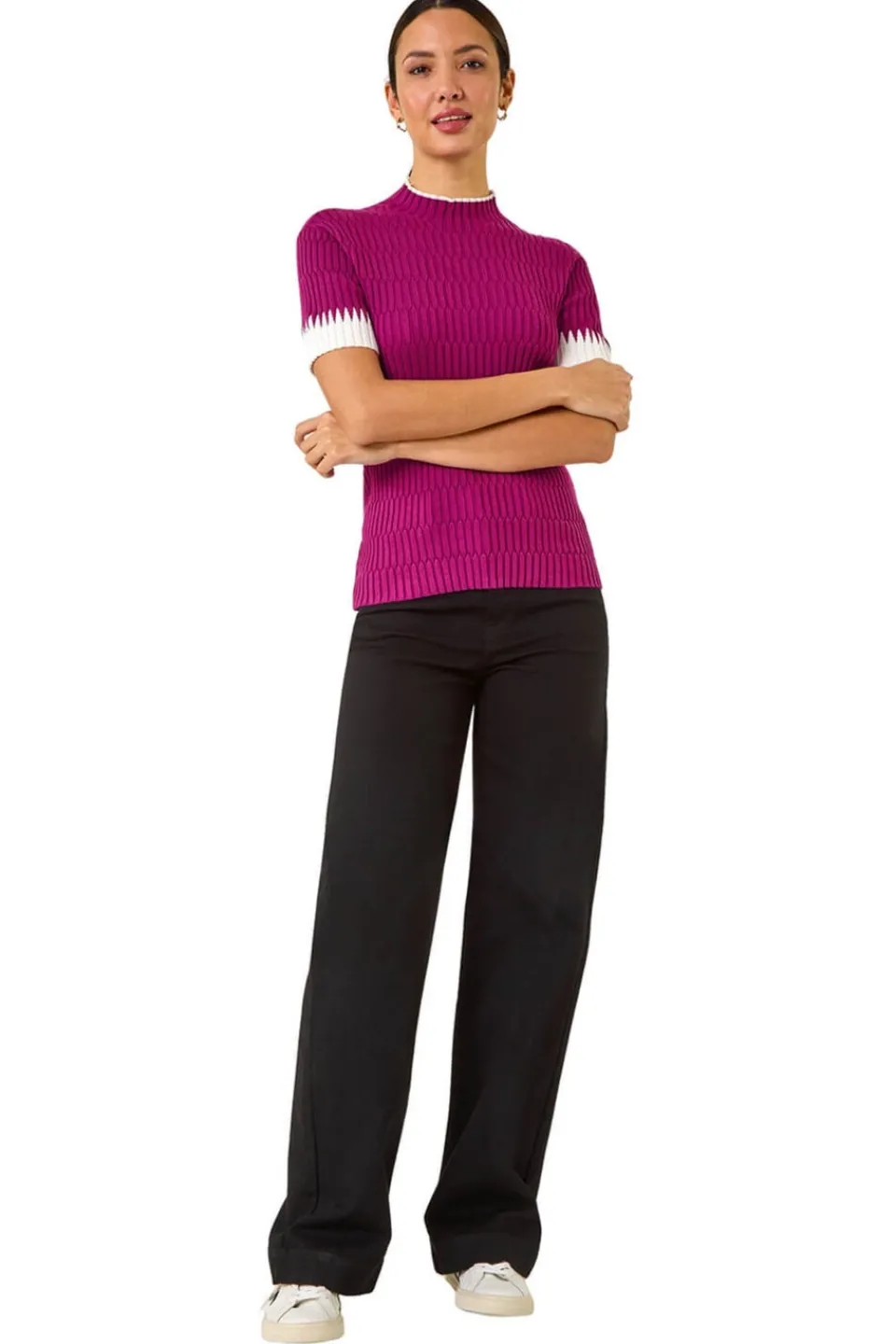 Tops>Roman Ribbed Contrast Knit Fuchsia