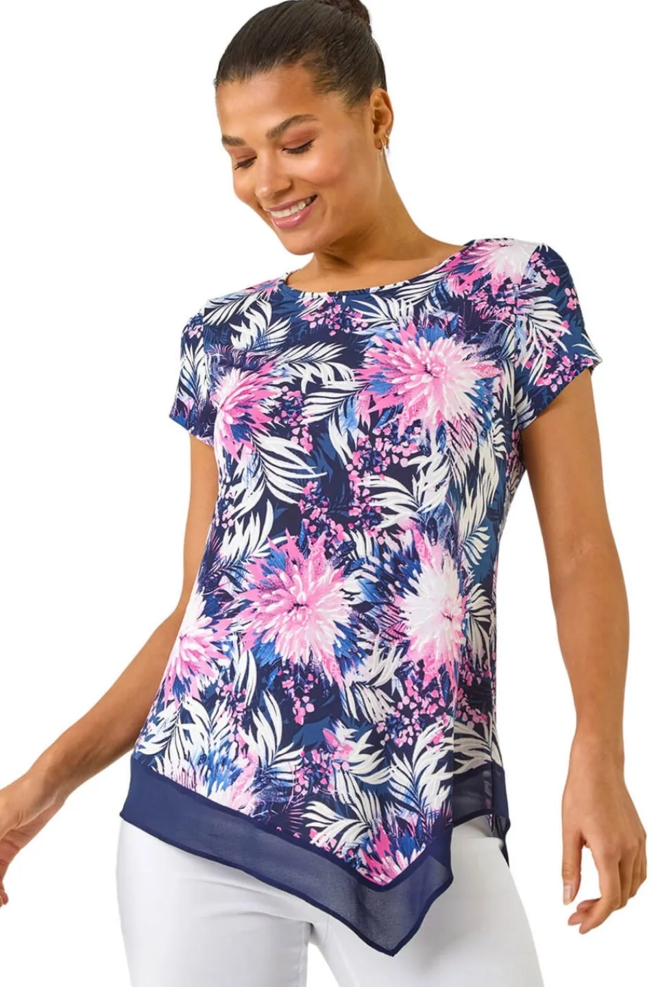 T-Shirts>Roman Fuchsia Textured Floral Print Asymmetric Top