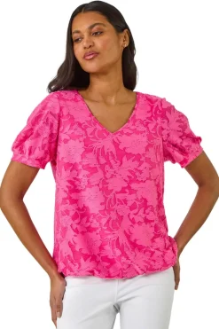 Tops>Roman Fuchsia Textured Floral Blouson Hem Stretch Top