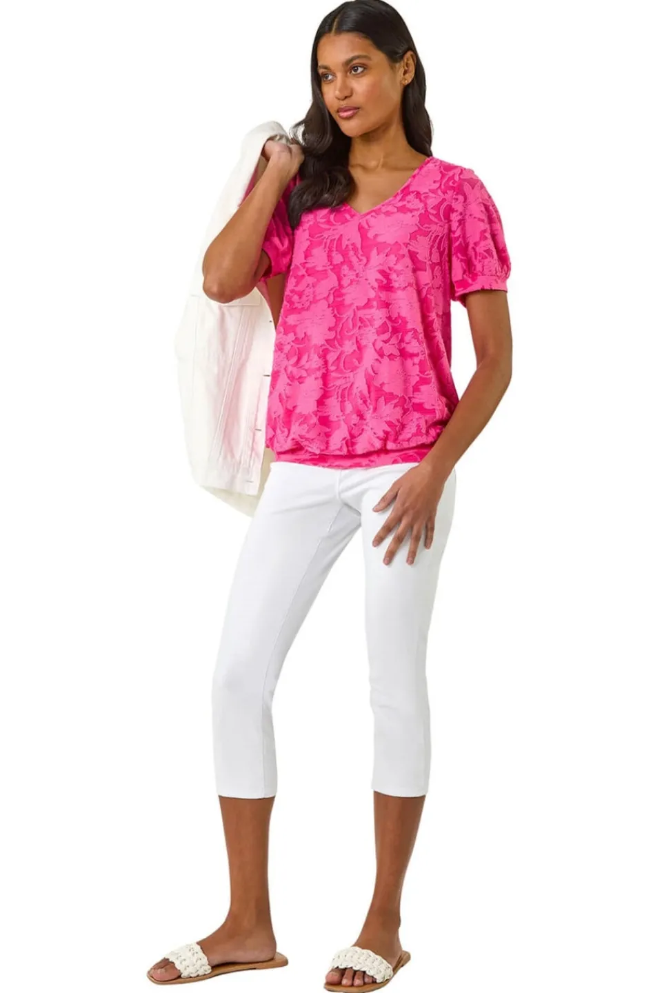 Tops>Roman Fuchsia Textured Floral Blouson Hem Stretch Top