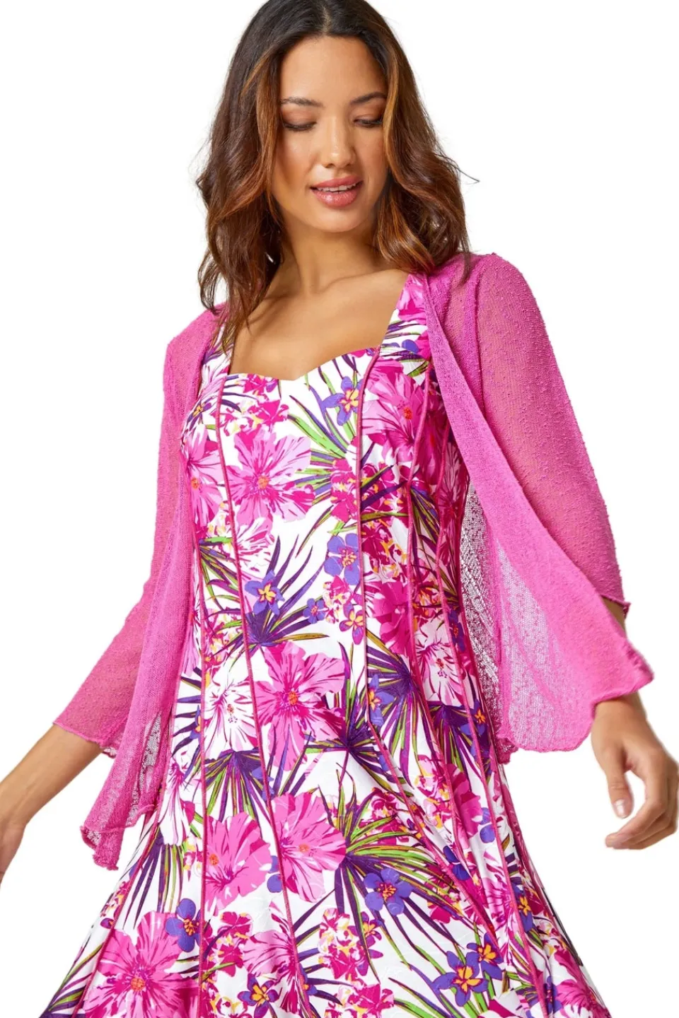 Tops>Roman Fuchsia Textured Pointelle Detail Shrug Fuschia