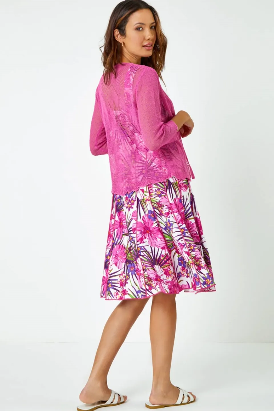 Tops>Roman Fuchsia Textured Pointelle Detail Shrug Fuschia