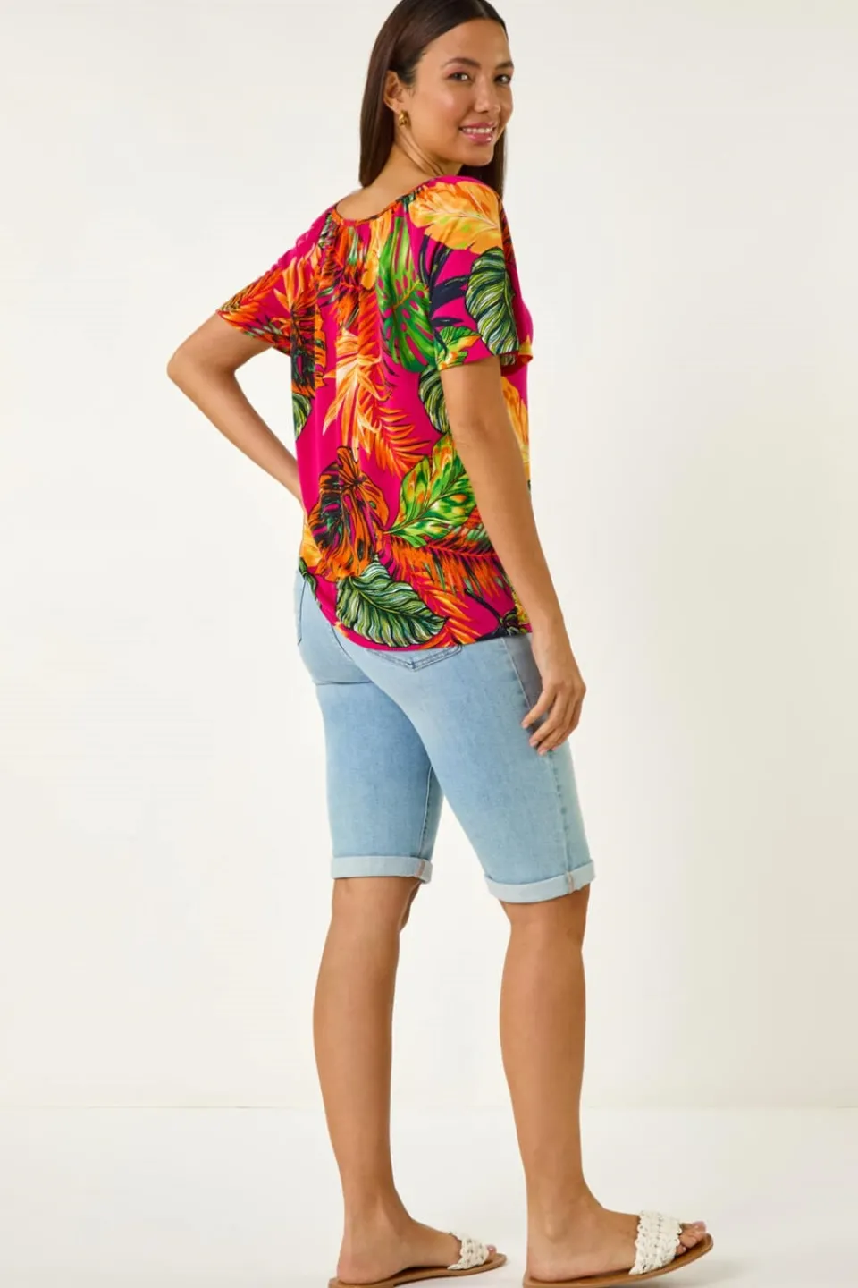 Tops>Roman Fuchsia Tropical Print Notch Neck Stretch Top