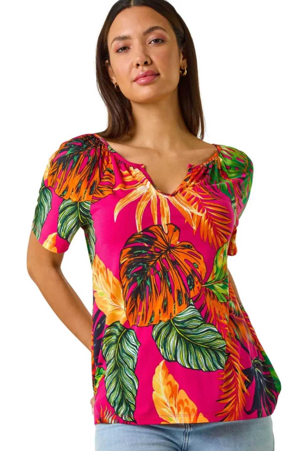 Tops>Roman Fuchsia Tropical Print Notch Neck Stretch Top