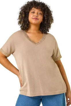 Tops>Roman Gold Curve Hotfix V-Neck Knit Top