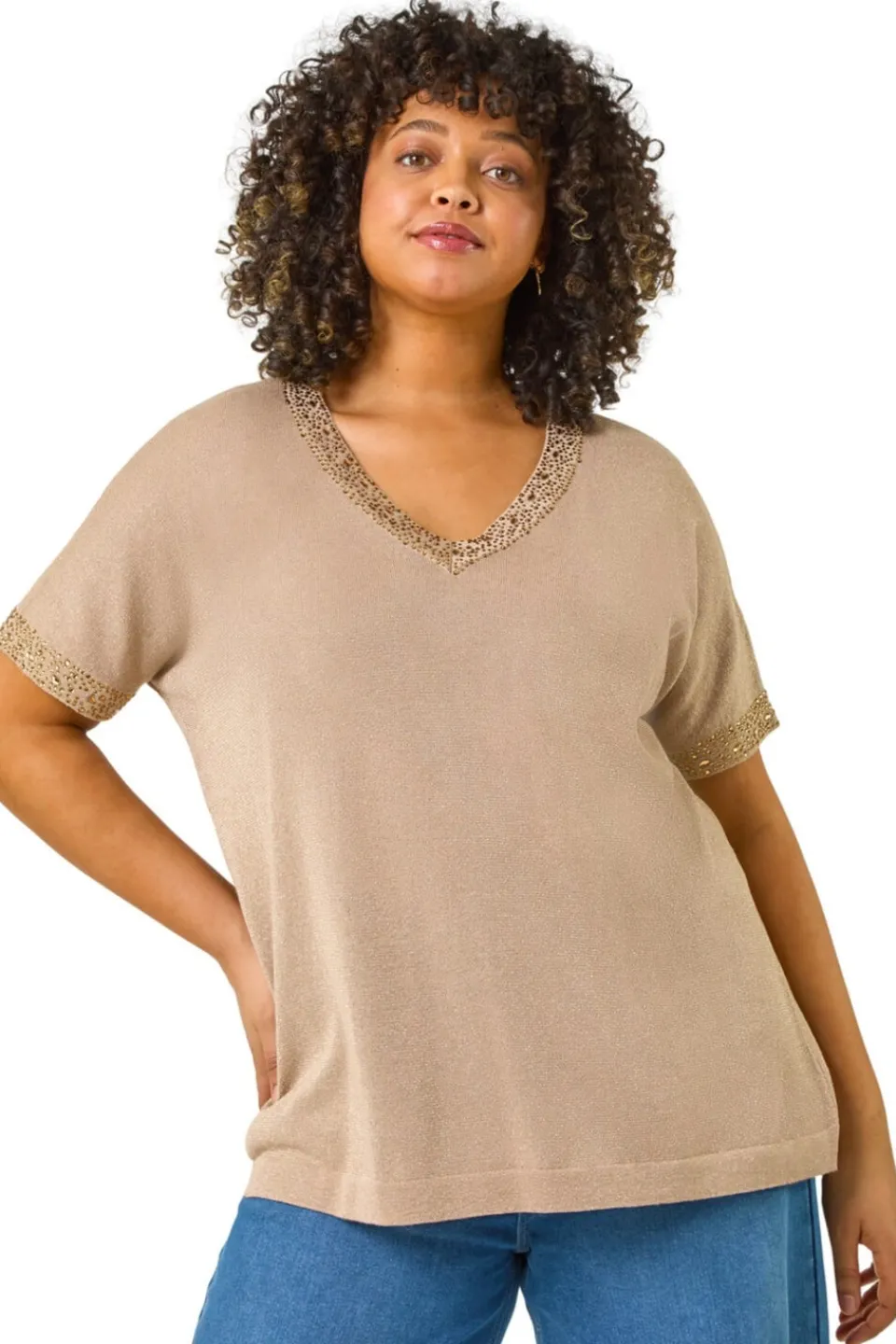 Tops>Roman Gold Curve Hotfix V-Neck Knit Top