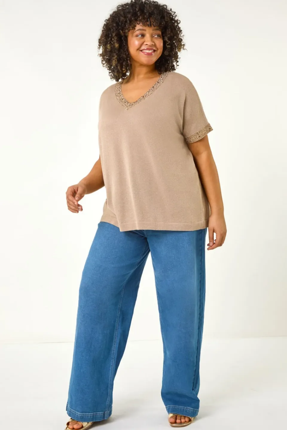 Tops>Roman Gold Curve Hotfix V-Neck Knit Top