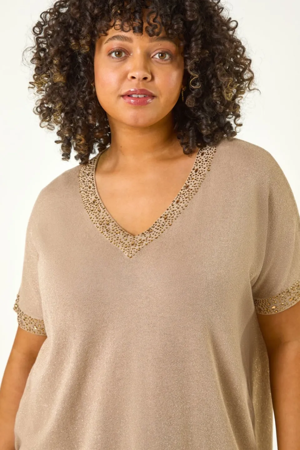 Tops>Roman Gold Curve Hotfix V-Neck Knit Top