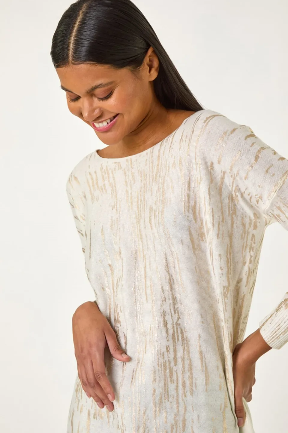 Tops>Roman Gold Foil Shimmer Tunic Knit Jumper