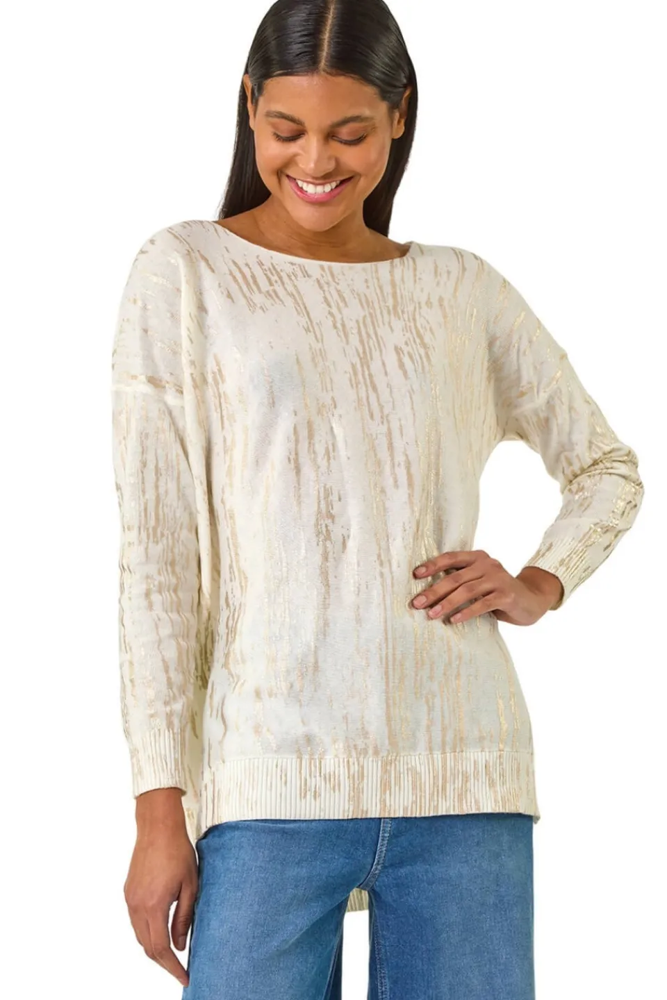 Tops>Roman Gold Foil Shimmer Tunic Knit Jumper