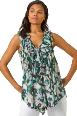 Tops>Roman Green Abstract Print Frill Pintuck Detail Top