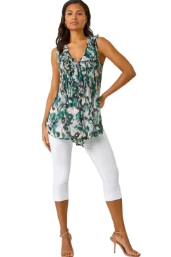 Tops>Roman Green Abstract Print Frill Pintuck Detail Top