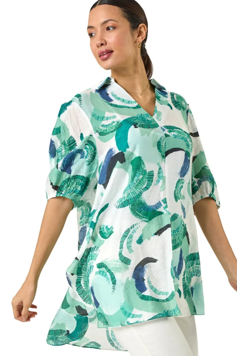 Tops>Roman Green Abstract Print Longline Overshirt
