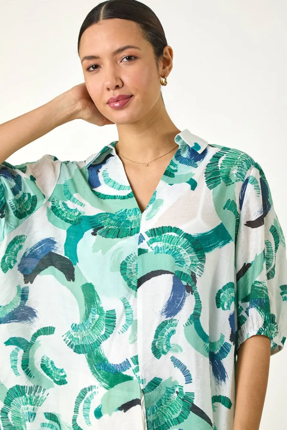 Tops>Roman Green Abstract Print Longline Overshirt