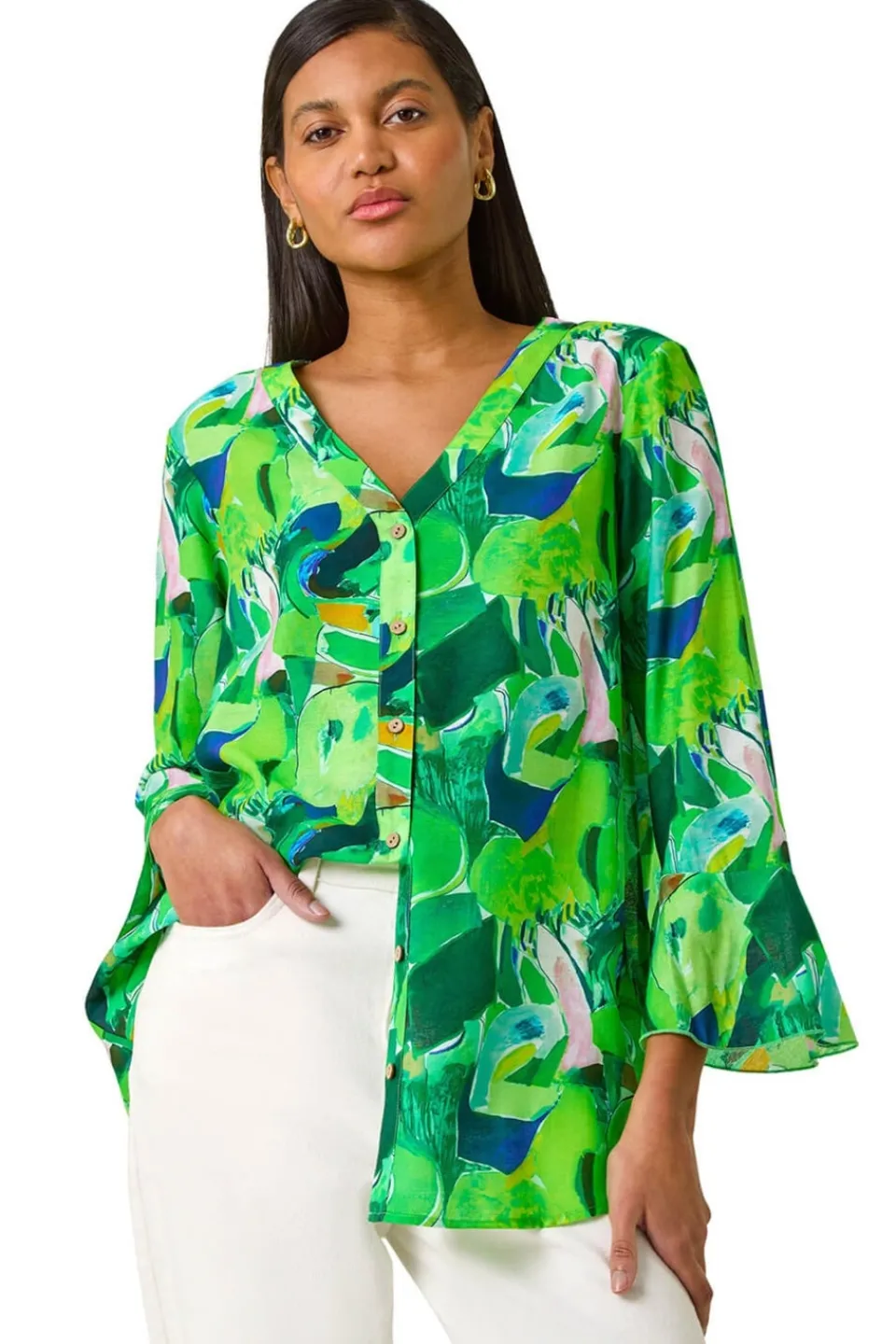 Blouses & Shirts>Roman Green Abstract Print Flared Blouse