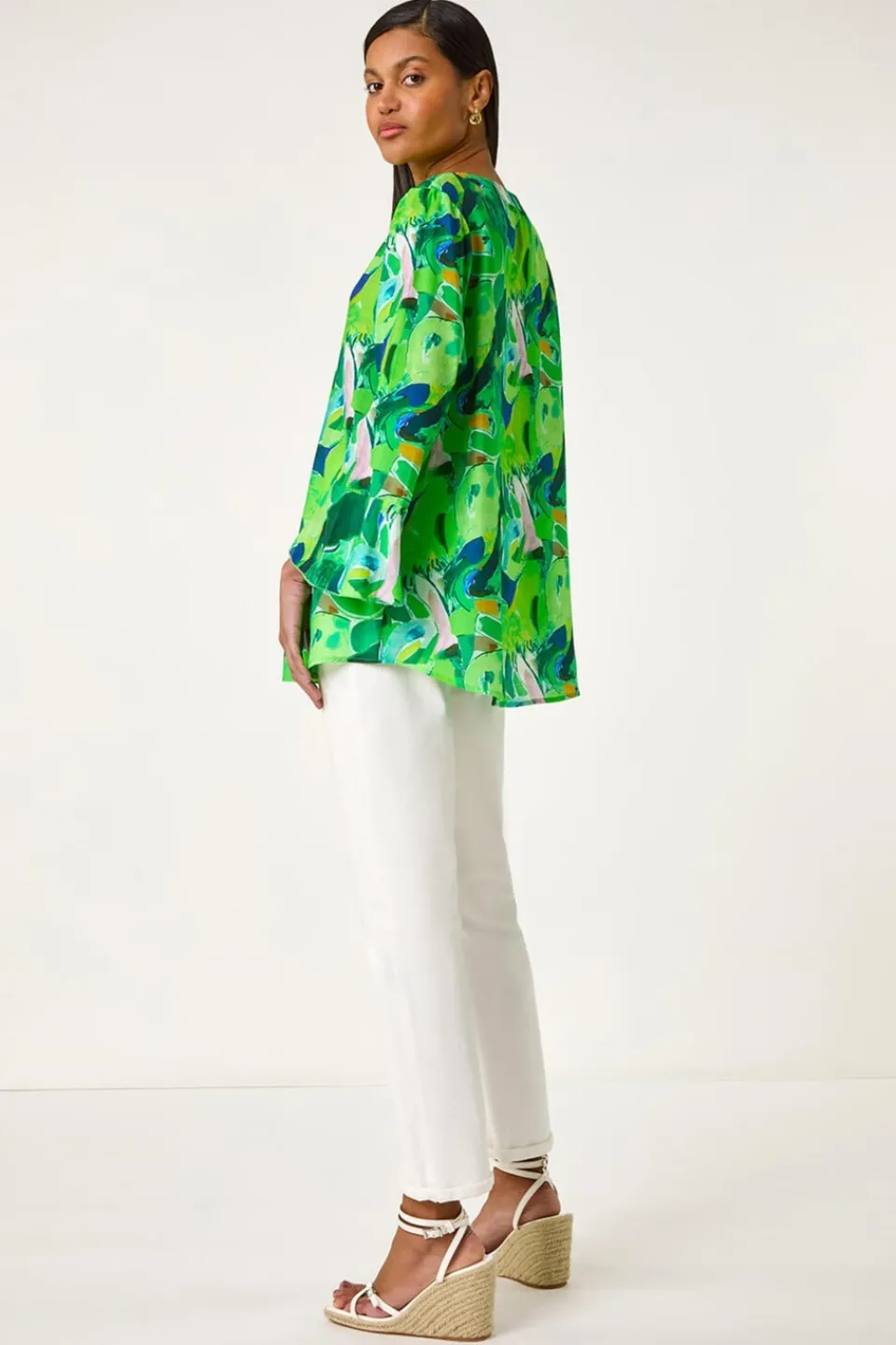 Blouses & Shirts>Roman Green Abstract Print Flared Blouse