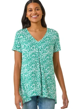 Tops>Roman Green Abstract Print Pleat Front Top