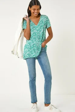 Tops>Roman Green Abstract Print Pleat Front Top