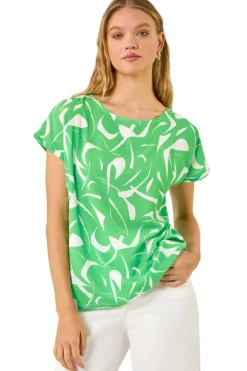 Tops>Roman Green Abstract Print Stretch T Shirt