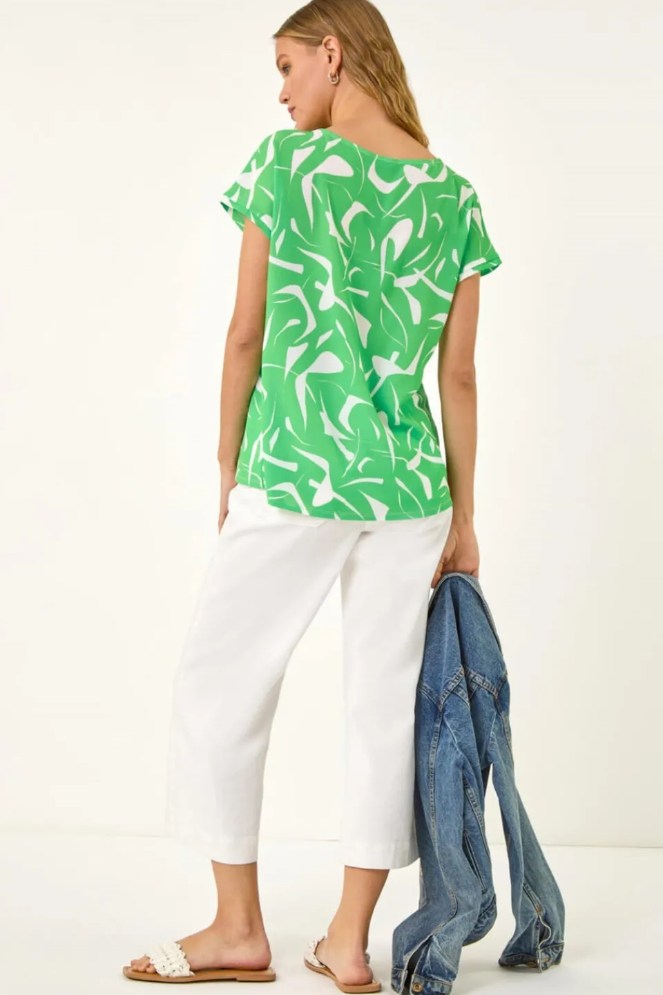 Tops>Roman Green Abstract Print Stretch T Shirt