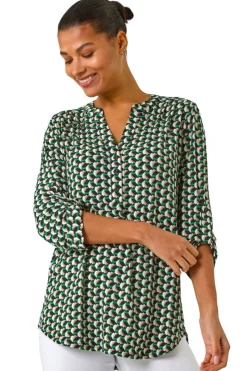 Tops>Roman Green Abstract Print V-Neck Button Stretch Shirt