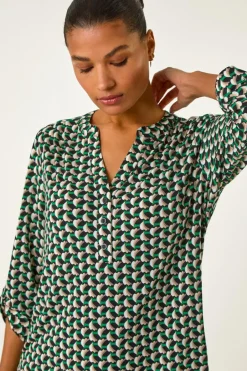 Tops>Roman Green Abstract Print V-Neck Button Stretch Shirt