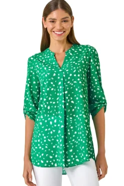 Tops>Roman Green Abstract Spot Print V-Neck Tunic Top