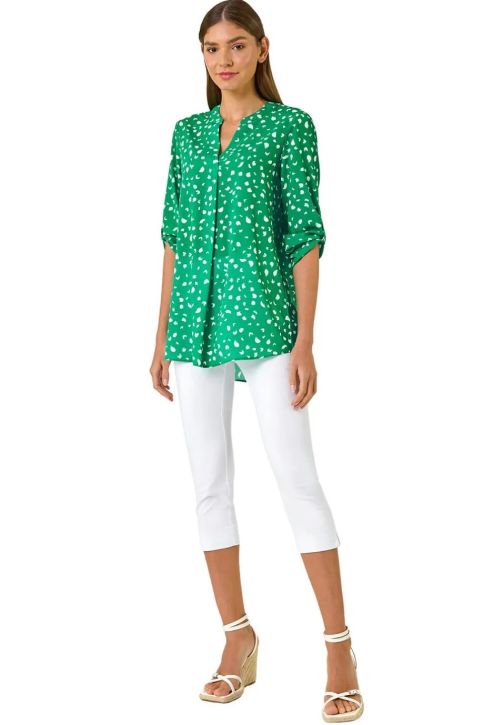 Tops>Roman Green Abstract Spot Print V-Neck Tunic Top