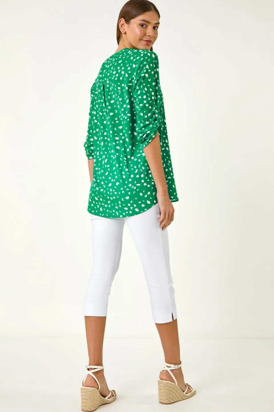 Tops>Roman Green Abstract Spot Print V-Neck Tunic Top