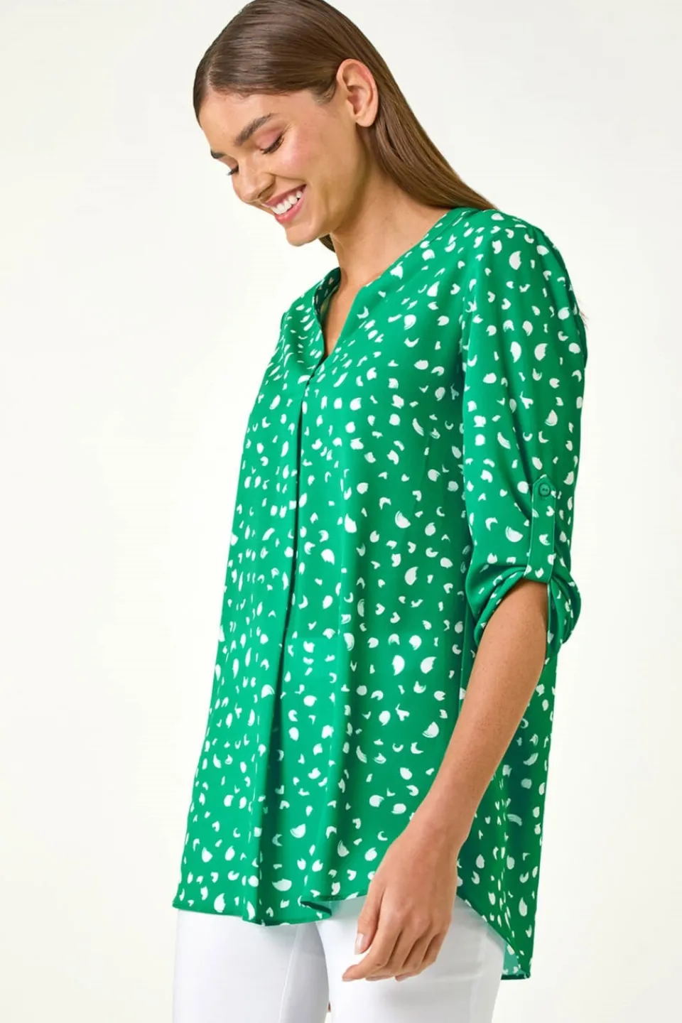 Tops>Roman Green Abstract Spot Print V-Neck Tunic Top