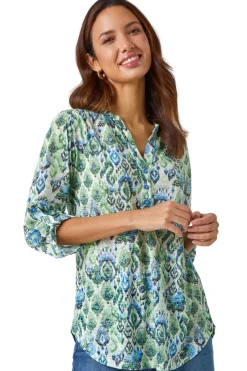 T-Shirts>Roman Green Aztec Burnout Print Relaxed V-Neck Tunic Top