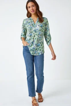 T-Shirts>Roman Green Aztec Burnout Print Relaxed V-Neck Tunic Top