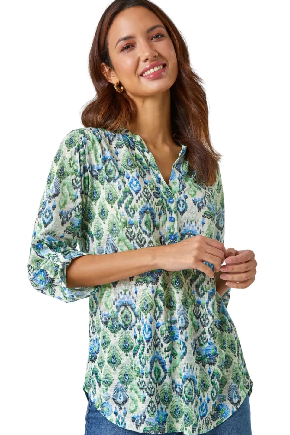 T-Shirts>Roman Green Aztec Burnout Print Relaxed V-Neck Tunic Top